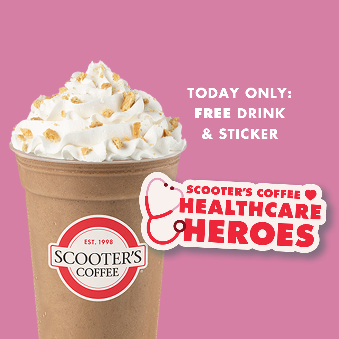 ❤️ Healthcare Heroes, enjoy a FREE drink* on us with valid healthcare I.D. ➕ The first 50 healthcare heroes in the drive-thru will also receive this darling sticker 🤗 *Valid 5.03.24 1 per person with valid healthcare I.D. Not available on mobile order ahead. #scootonaround