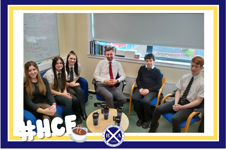 This week Depute Headteacher, Mr Mochan, was joined for a hot chocolate and a chat by a group of S1-3 superstars who have used their School Leaver Profile skills to impress staff.  Well done! 🤩 Whose turn will it be next week?  🤔 #HCF