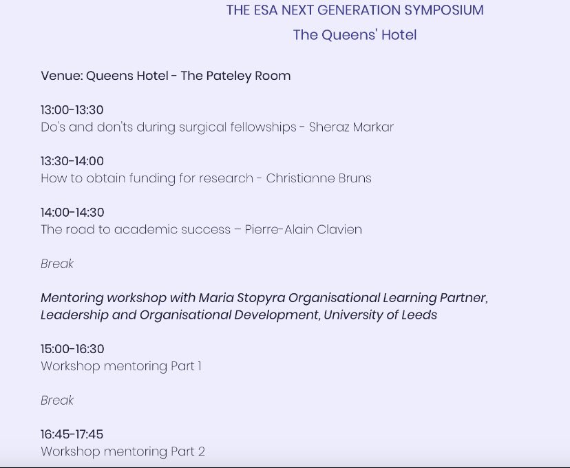 Simone Augustinus (@simone_aug) on Twitter photo Kick off next generation ESA 🇪🇺
👨🏾⚕️ Do’s and don’ts during surgical fellowships <a href="/MarkarSheraz/">Sheraz Markar</a>
💵 How to obtain funding for research <a href="/BrunsChristiane/">christiane bruns</a>
⭐️ The road to academic succes #PiereAlainClavien
➡️ All highlighting importance of: mentorship, diversity and perseverance! Kick off next generation ESA 🇪🇺
👨🏾⚕️ Do’s and don’ts during surgical fellowships <a href="/MarkarSheraz/">Sheraz Markar</a>
💵 How to obtain funding for research <a href="/BrunsChristiane/">christiane bruns</a>
⭐️ The road to academic succes #PiereAlainClavien
➡️ All highlighting importance of: mentorship, diversity and perseverance!