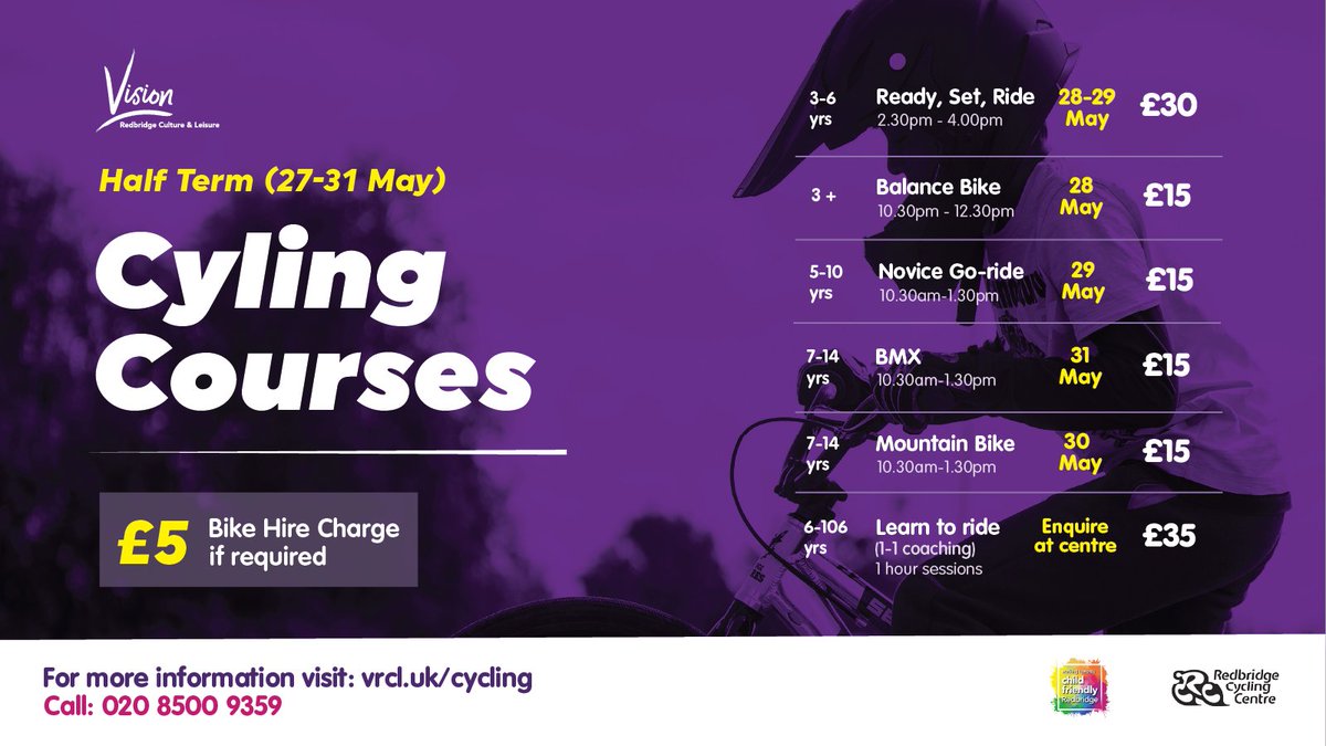 Our #Cycling Courses are back this half term, from 27-31 May! Get ready to pedal with our range of sessions at different levels to suit you: 🚲Ready, Set, Ride 🚲Balance Bike 🚲Novice Go-Ride 🚲BMX 🚲Mountain Bike 🚲Learn to Ride Book your session today: vrcl.uk/cycling