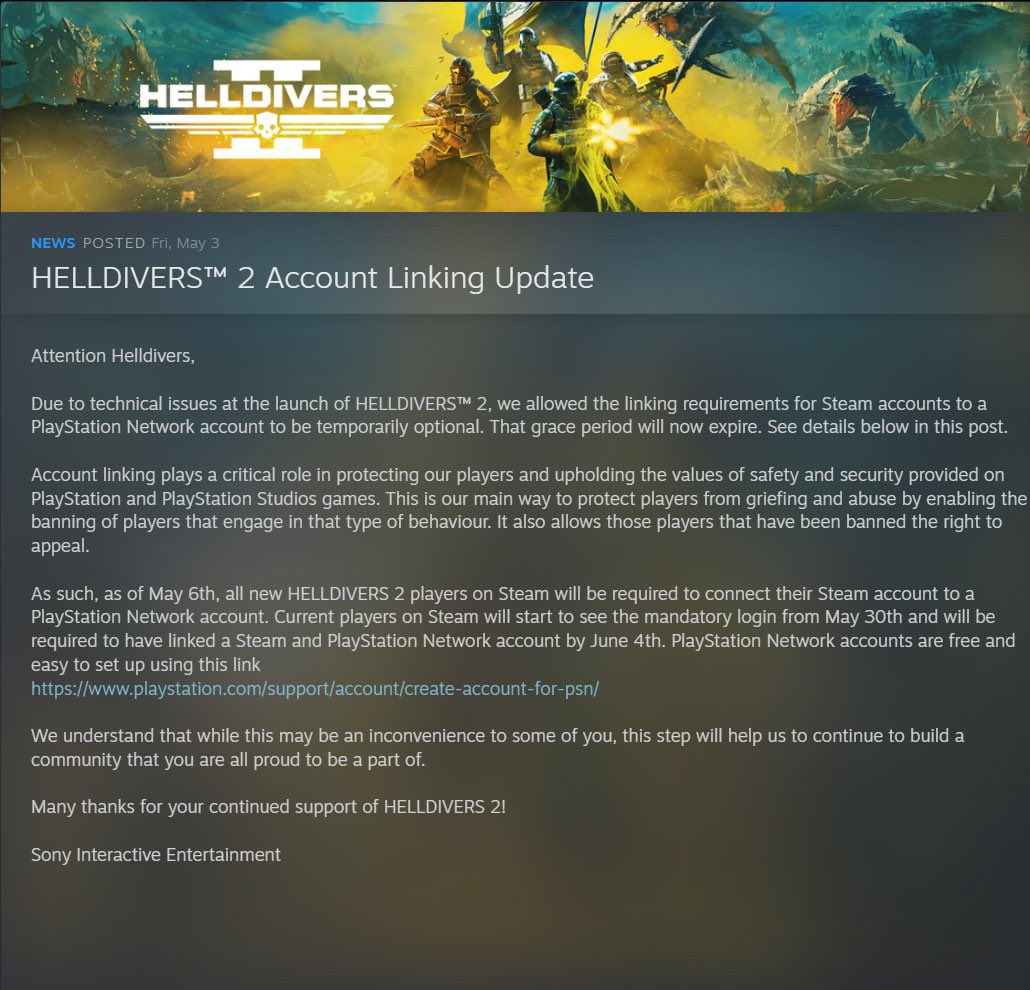 🔴 لاعبوا PC مطالبون برط حساباتهم على Steam بحساب فعال على PlayStation Network في حال ارادوا الاستمرار في لعب Helldivers 2 ، سيكون هذا أمرا إلزاميا بداية من 6 ماي كما سيبدأ تطبيق القرار بتاريخ 30 ماي .