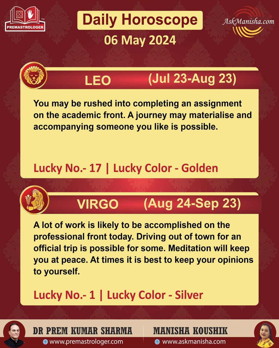 Daily Horoscope 06-May-2024 Horoscope is based on Sun sign.    
Reach us at +919650015920 wa.me/919650015920 
Read More: askmanisha.com/daily-horoscope #aries #taurus #gemini #cancer #leo #virgo #askmanisha