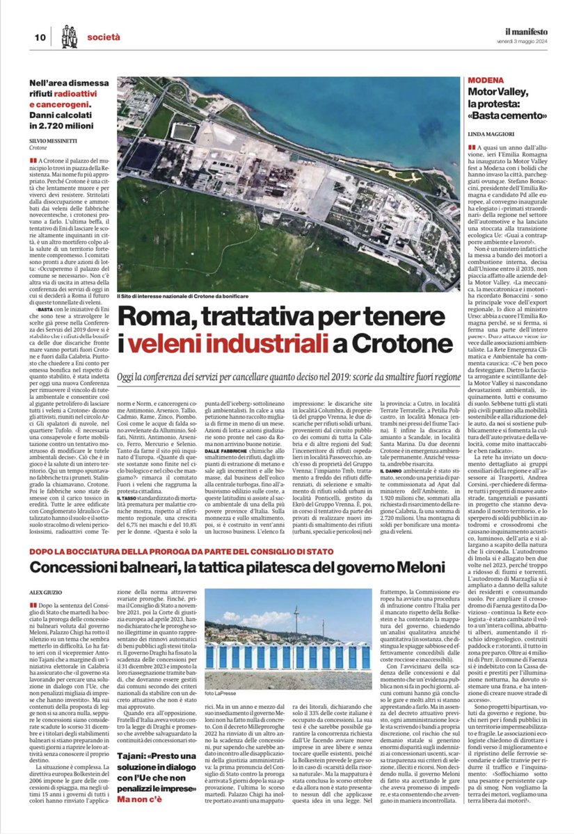 A Roma oggi inizia l’ennesima conferenza di servizi per tentare di non bonificare la montagna di veleni che Eni non vuole bonificare a Crotone.
Grazie al “Manifesto” e a Silvio Messinetti per aver descritto in maniera impeccabile il
disastro ambientale e sanitario di Crotone!