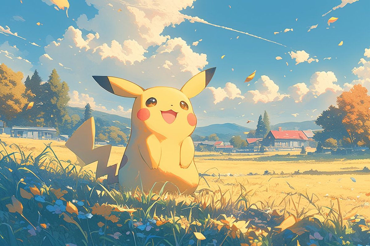 pikachu solo smile open mouth brown eyes flower :d outdoors  illustration images