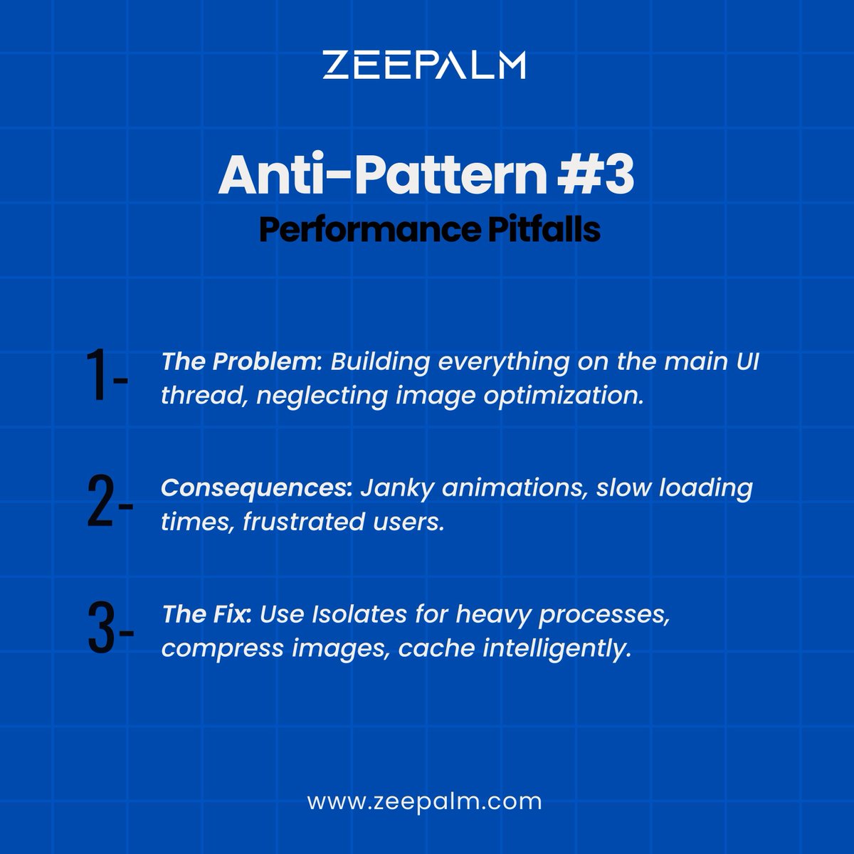 Even experienced Flutter devs can fall into bad habits! Swipe to identify common anti-patterns and learn how to fix them.  Want to ensure your Flutter projects are built on solid foundations? Zee Palm has the expertise. #Flutter #antipatterns #appdevelopment #cleancode