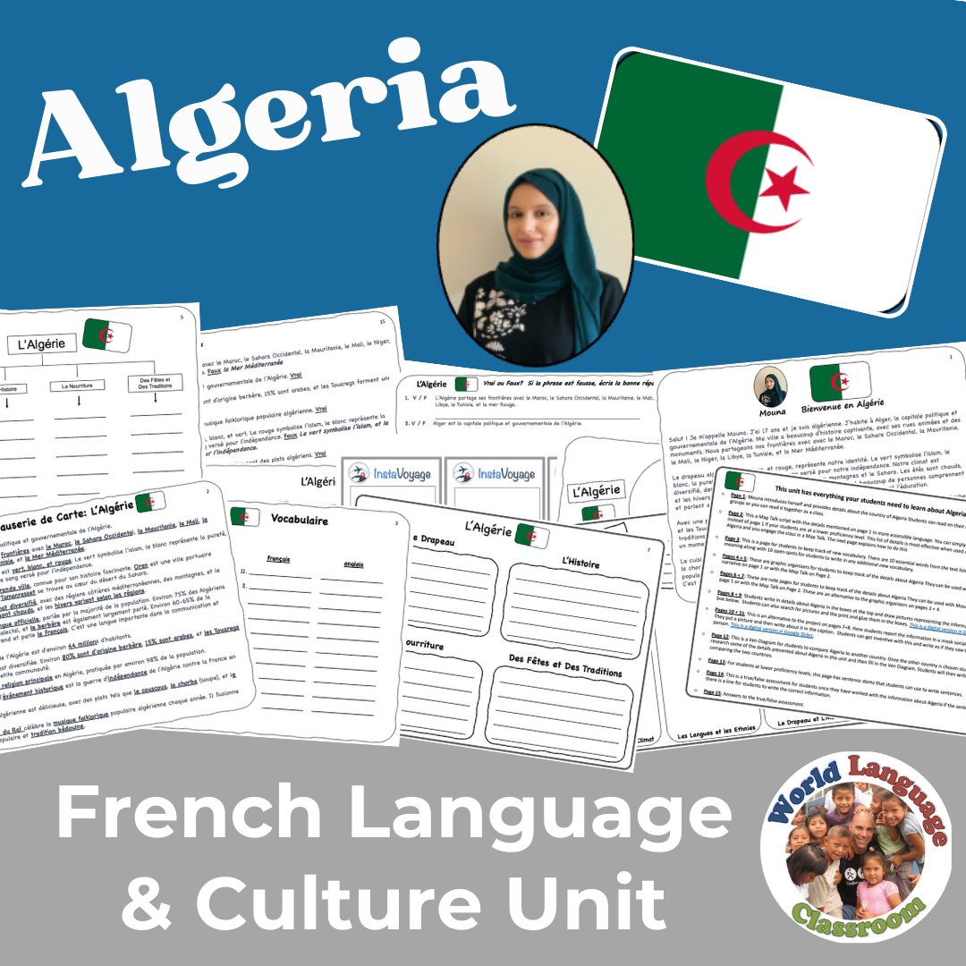 Bring Algeria to your classroom. These country units have reading & writing activities, brain frames and scaffolded notes, map talks, creative projects & an assessment. Digital & Print. Everything is ready to go. ☑️ teacherspayteachers.com/Product/French……
