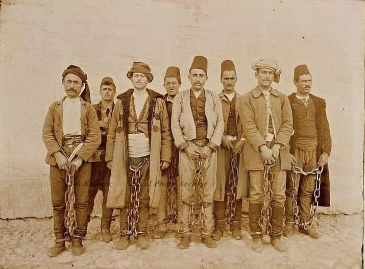 Shackled members of a gang consisting of six Abazins, one Circassian and one Albanian. Ottoman Empire, late 19th century. 

Photo: Cem Cumuk / Archive