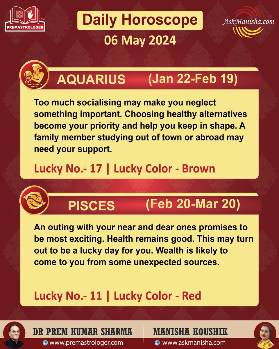 Daily Horoscope 06-May-2024 Horoscope is based on Sun sign.    
Reach us at +919650015920 wa.me/919650015920
Read More: askmanisha.com/daily-horoscope #libra #scorpio #sagittarius #capricorn #aquarius #pisces #askmanisha