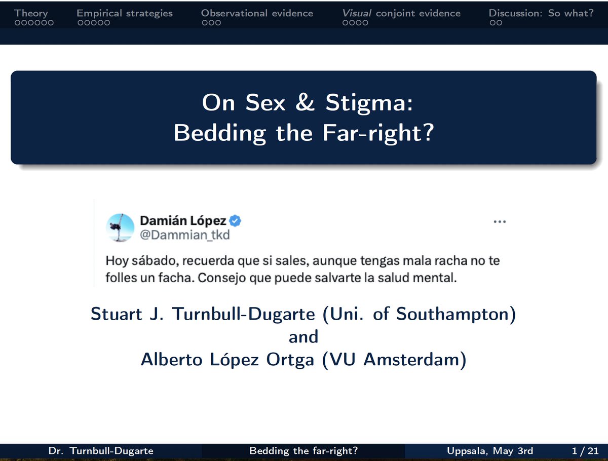 Excited to give this (early days) project with @bertous its first public outing at @UU_PoliSci today. Does voting for the far-right result in a penalty on the dating market?