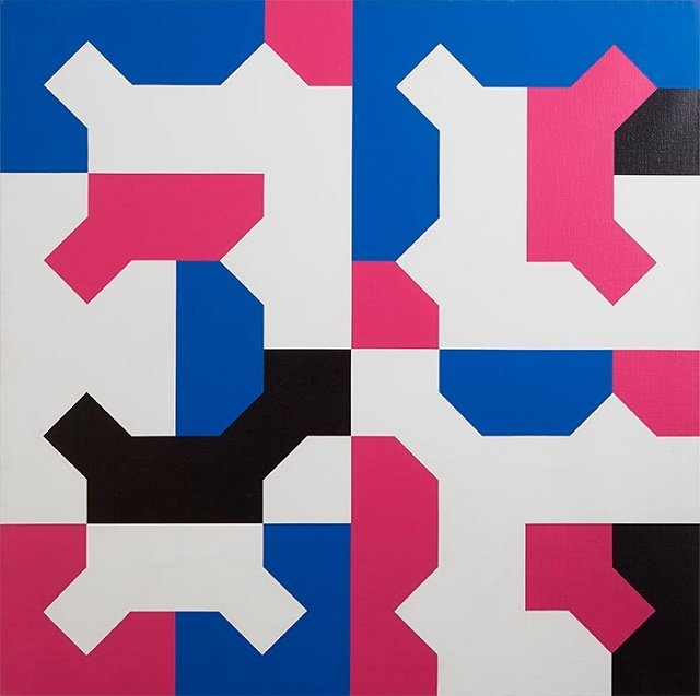 Curva de Peano P16-1 (1974), del artista Bruno Munari, pintura acrílica sobre lienzo, 80 cm x 80 cm, basada en la segunda iteración de la construcción de la curva de Sierpinski. Más información en la entrada culturacientifica.com/2024/05/01/la-…