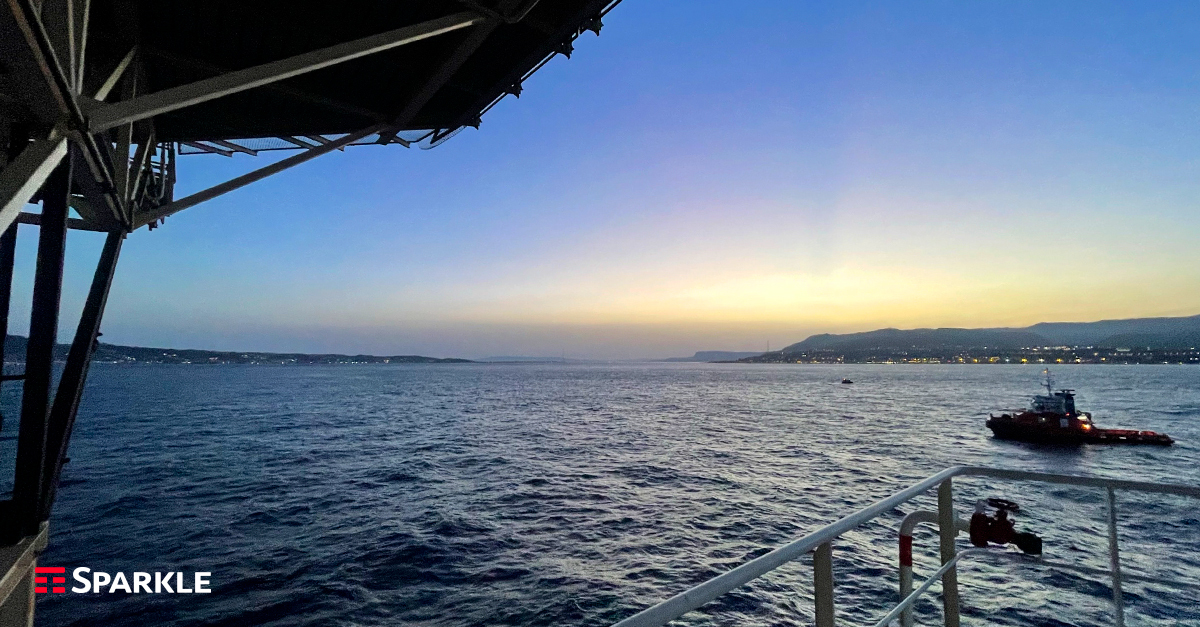 TISparkle's tweet photo. #KeepingTheWorldConnected gives us also the privilege of exploring the beauty of our planet. Here is a picture of #BlueMed cable laying at dawn on the Strait of Messina on the beautiful coastline of Sicily and Calabria, an innovative digital route that we are proud to open. Enjoy https://t.co/qEX4iLxLEN
