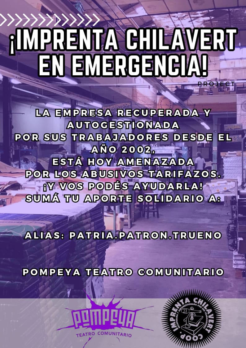 IMPORTANTE
Se está llevando adelante una colecta solidaria para los compañeros de la imprenta recuperada Chilavert, con el objetivo de ayudarlos a hacer frente a los tarifazos (problema acuciante y de público conocimiento de todas las industrias). 
Se agradece difusión!