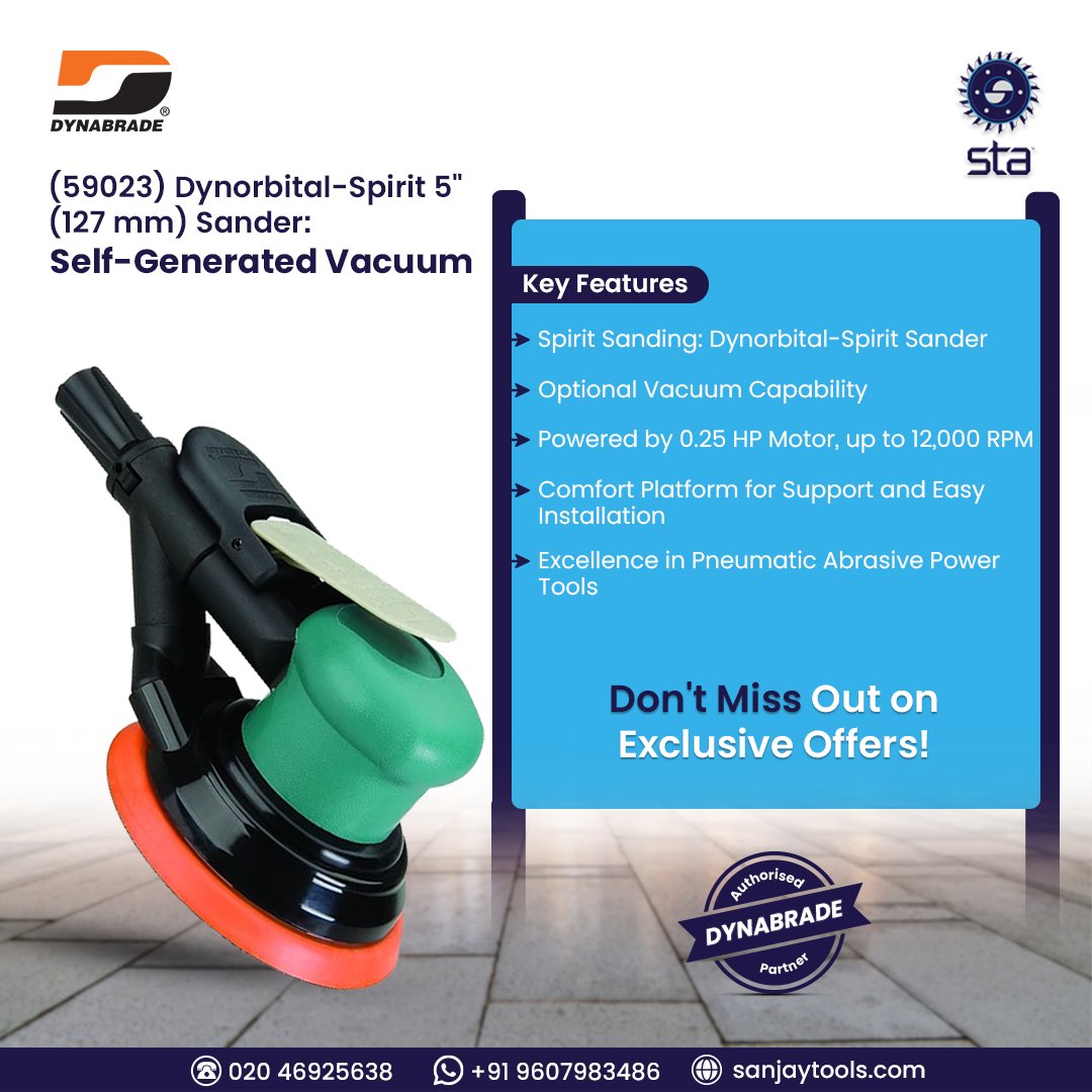 Introducing the Dynabrade Dynorbital-Spirit 5' Random Orbital Sander: precision and power in one tool.  

 With a 3/16' orbit diameter, optional vacuum, and innovative features like throttle lever and speed regulator, it ensures effortless operation
.
.
#powertools #sanjaytools