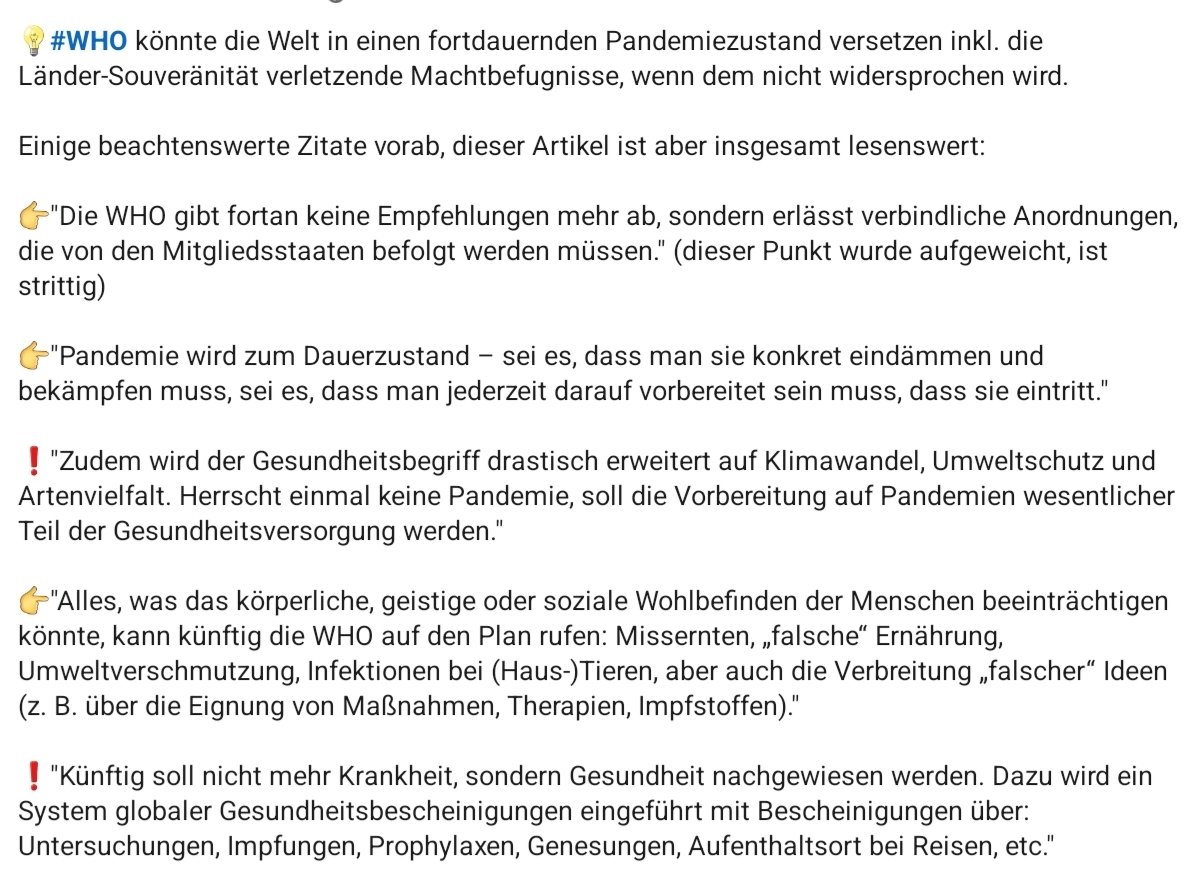 Sehr gute Zusammenfassung zum Pandemievertrag der #WHO von .@individ_impfen: käme er durch, kann sich die Welt auf dauerhaften Krisenmodus einstellen, der nicht nur durch Pandemien, sondern u.a. auch #Klimawandel ausgelöst würde.
Wesentliches habe ich im Screenshot dargestellt.