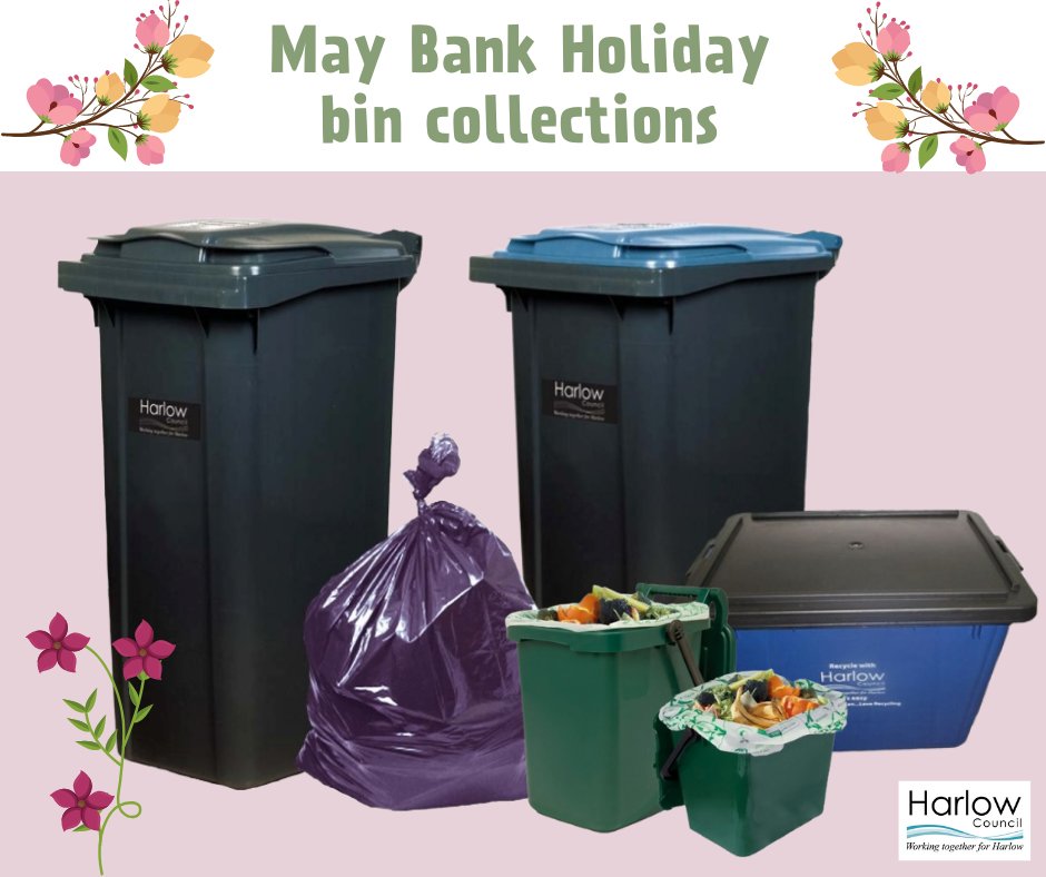 Don’t forget that with the May bank holiday🌺 your bin collection day will change. You can check your revised bin dates at selfserve.harlow.gov.uk/en