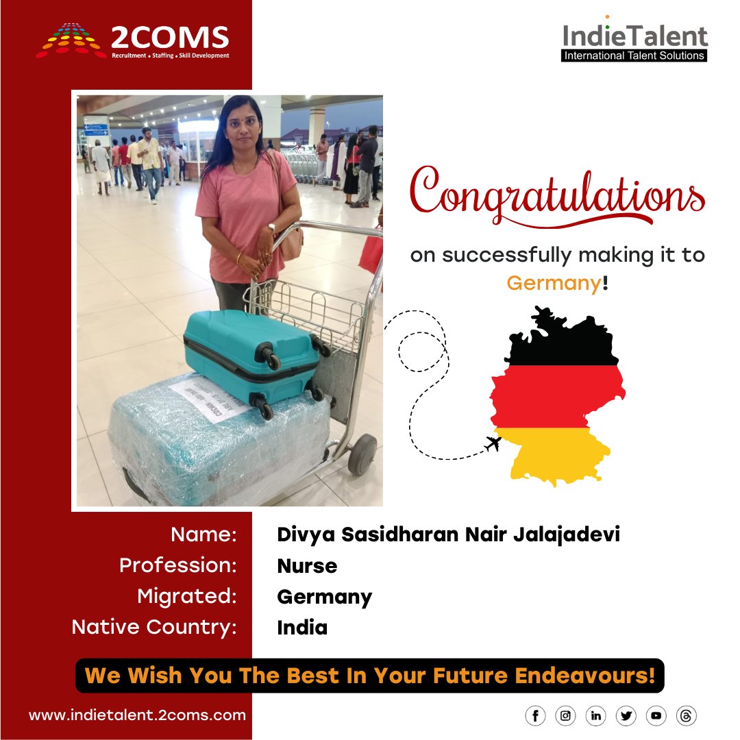 Hearty Congratulations to Divya Sasidharan Nair Jalajadevi for being placed in Germany🇩🇪 as a Nurse... ✨ Interested? ✨ Click the link for more details and to Apply - zrec.in/krzZ4?source=C… #IndieTalent #career #workabroad #globalcareer #healthcare #germany #testimonial