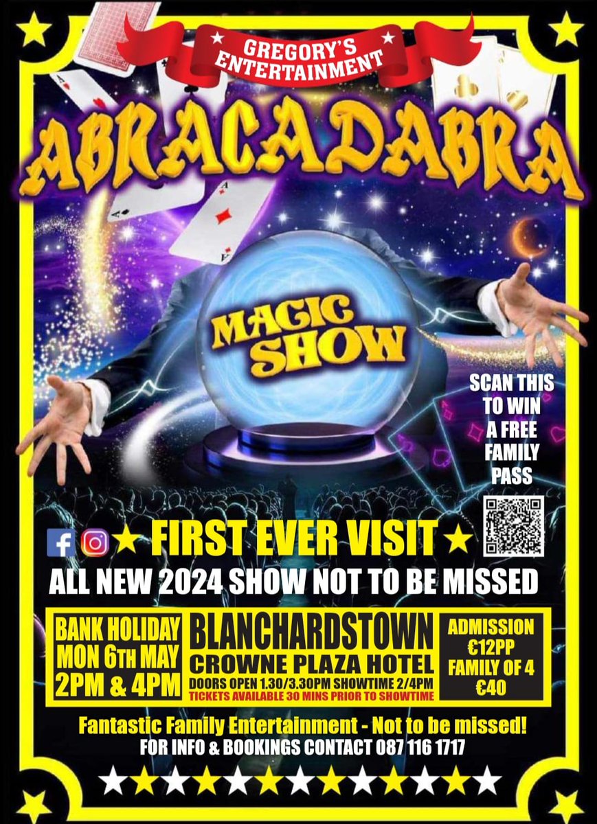 Win a family pass to the magic show this Bank Holiday Monday at Crowne Plaza Blanchardstown! Like and RT to be in with a chance to win. One winner will be drawn from all entries on Facebook, Instagram and X. Entries close Saturday at 6pm. Best of luck!