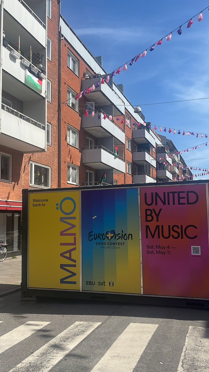 Palestinian flags hang from apartments on ‘Eurovision Street’ in Malmö