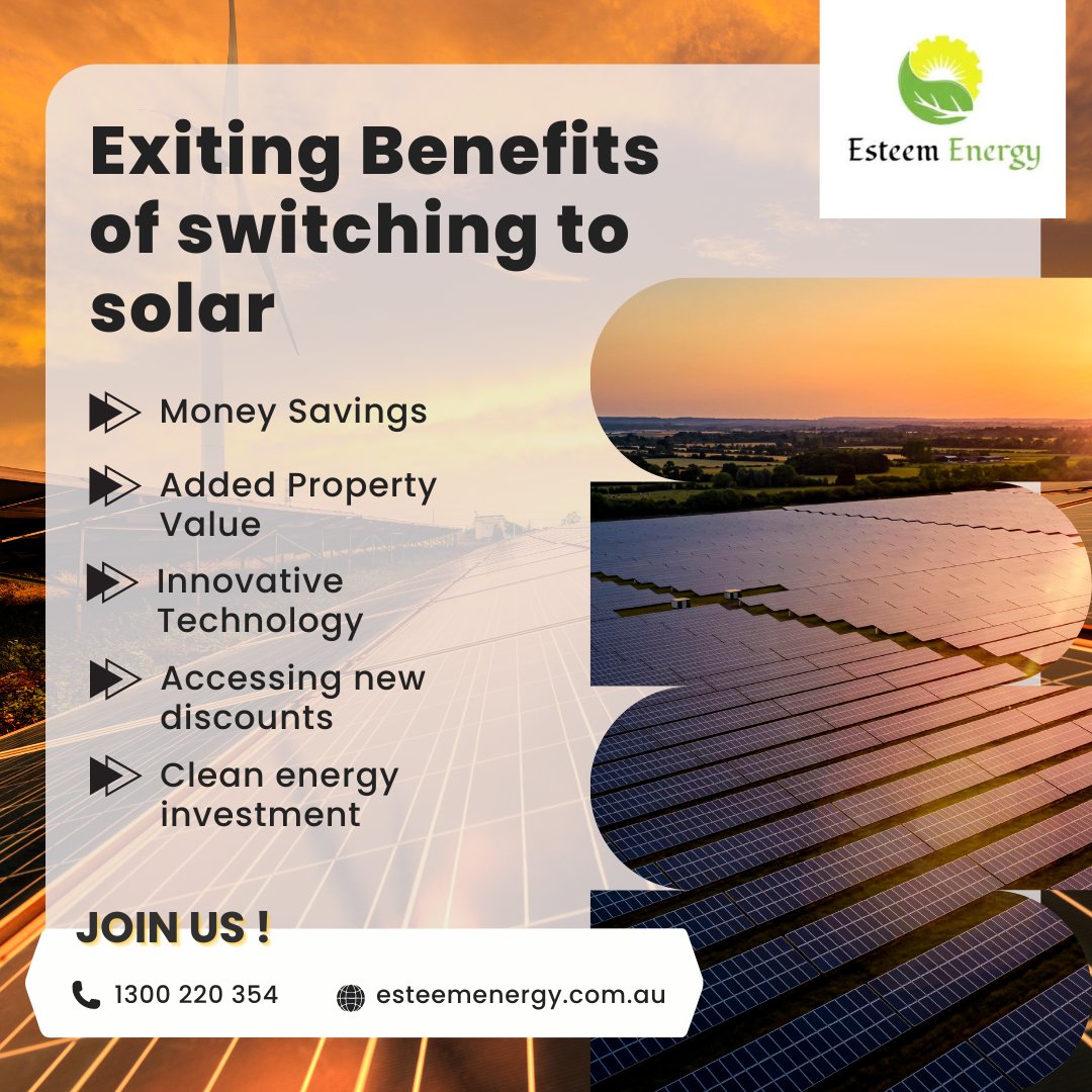 Why you hesitating to know the benefits of solars? Call Esteem Energy and get your doubts clear. 

esteemenergy.com.au

#EsteemEnergy #Australia #SolarBenefits #solarpanelsystems #solarinstallations #solarcompany