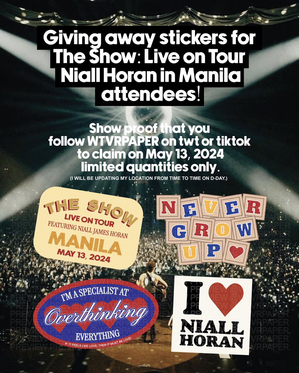 Hello Lovers!! I’m giving away free stickers on May 13 <3 All you have to do is RT and follow me for a CHANCE to get one! Limited quantity only and I will be updating my location on d-day <3

#NiallHoranInManila
#TheShowLiveOnTourPH