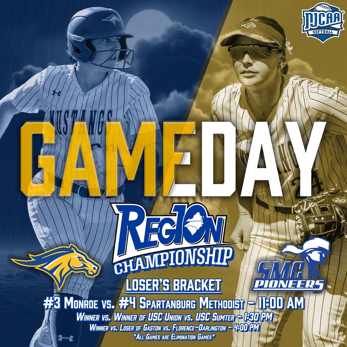 It's a now-or-never GAME DAY!

#3 Monroe opens Friday with an elimination game vs. #4 Spartanburg Methodist in the Region 10 Championship! Winner plays again at 1:30 PM.

🕚: 11:00 AM
📍: Sumter, SC
📺: YouTube.com/MonroeMustangs
📊: MonroeCollegeMustangs.com/SBLiveStats

#GoHereGrowHere