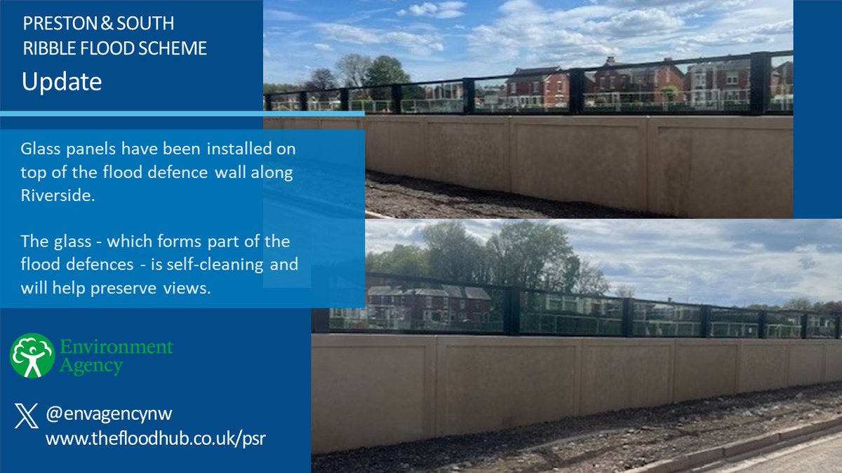 Glazing units now installed on the flood defence wall along Riverside, as part of the #Preston & #SouthRibble Flood Risk Management Scheme. @TheFloodHub