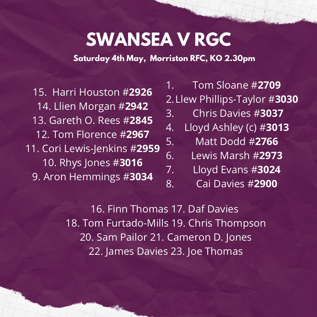 One last time… Your final Swansea team of the season is HERE! And look who’s back in business at 22 👀 Join us at Maescollen to hopefully end our season on a high 👊🏼 (Season tickets can be used for this game) 🆚 @RGCNews 📍Morriston RFC ⏰ KO 2.30pm