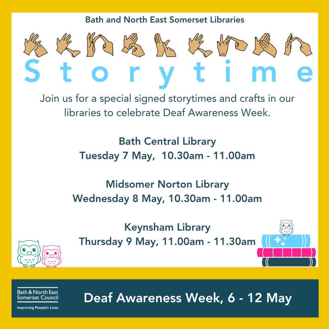 Join @bnes_libraries for a special signed storytime & crafts to celebrate Deaf Awareness Week. Bath Central Tues 7 May 10.30-11.00am Midsomer Norton Wed 8 May 10.30-11.00am Keynsham Thurs 9 May 11.00-11.30am #BNESLibraries #DeafAwarenessWeek #SignedStorytime