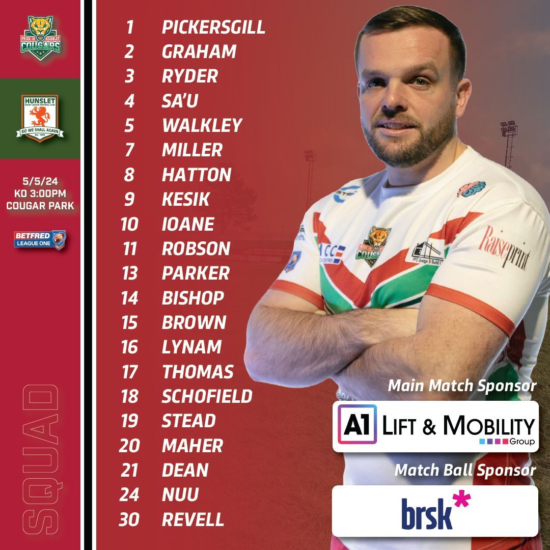 Matt Foster has named his 21-man squad who will take on Hunslet this weekend.

TICKETS in advance online, or pay on the gate with cash/card > buff.ly/3maEPiD