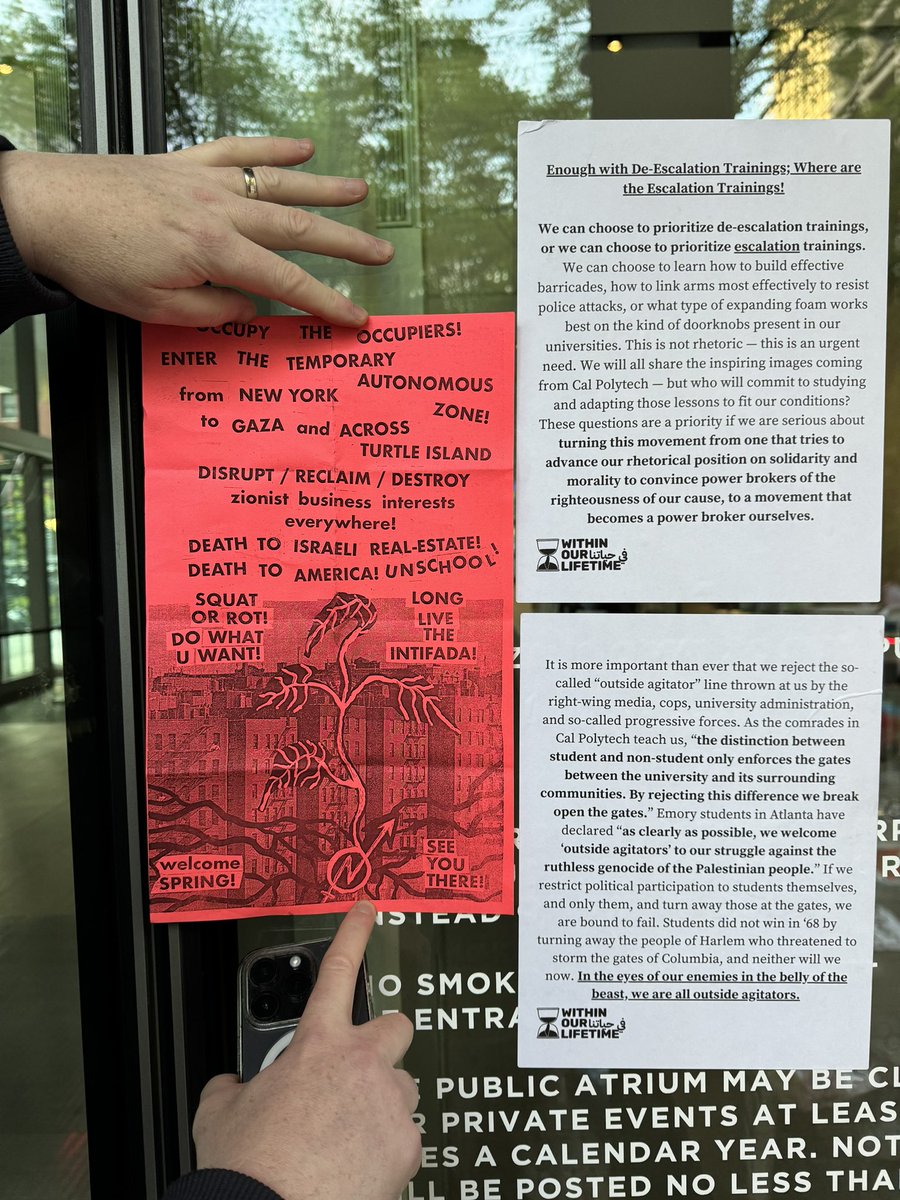 kazdaughtry's tweet photo. The @NYPDnews proudly protects everyone’s right to free speech and peaceful protest. 

Here’s a look at just some of the inflammatory literature and signage we observed today at the illegal encampment on @NYU property:

“Enough with De-Escalation Trainings: Where are the Escalation Trainings!”

“You will not find a truce from us”

“Death to America”

@NYPDnews 
@NYPDChiefPatrol 
@NYPDPC 
@NYPDChiefOfDept 
@NYPD1stDep