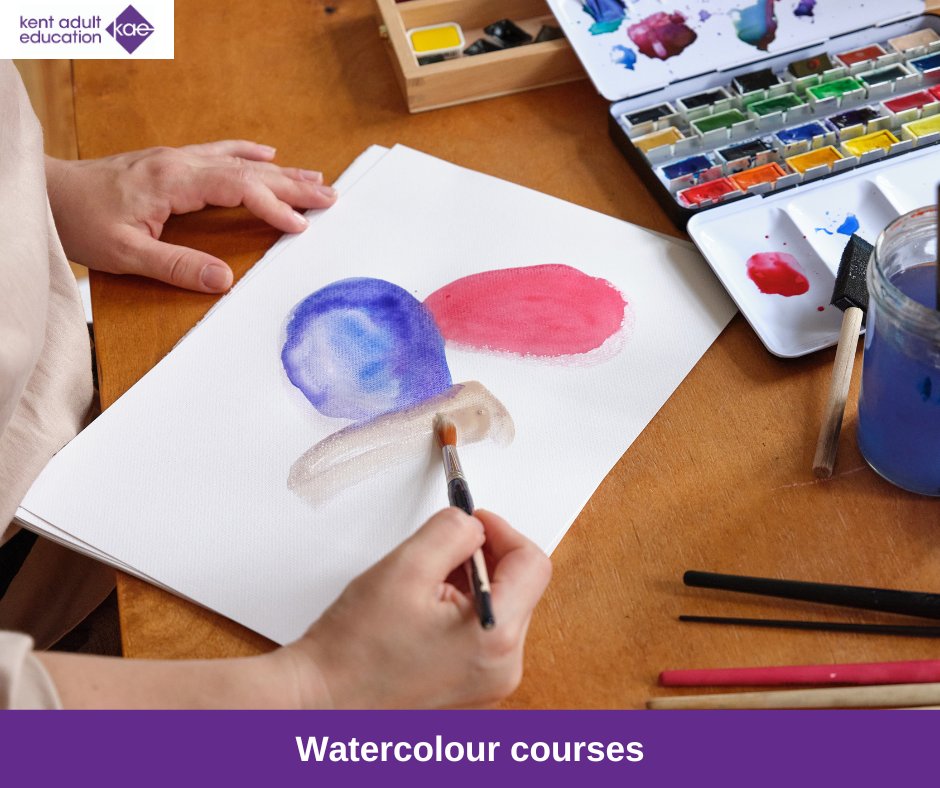 Experiment with using watercolours in your paintings and explore the various effects that can be achieved in a fun and relaxed way on our Watercolour courses. Find out more and book here: ow.ly/RJzN50Rm6Ly #Kent #AdultEd #AdultEducation #Watercolour