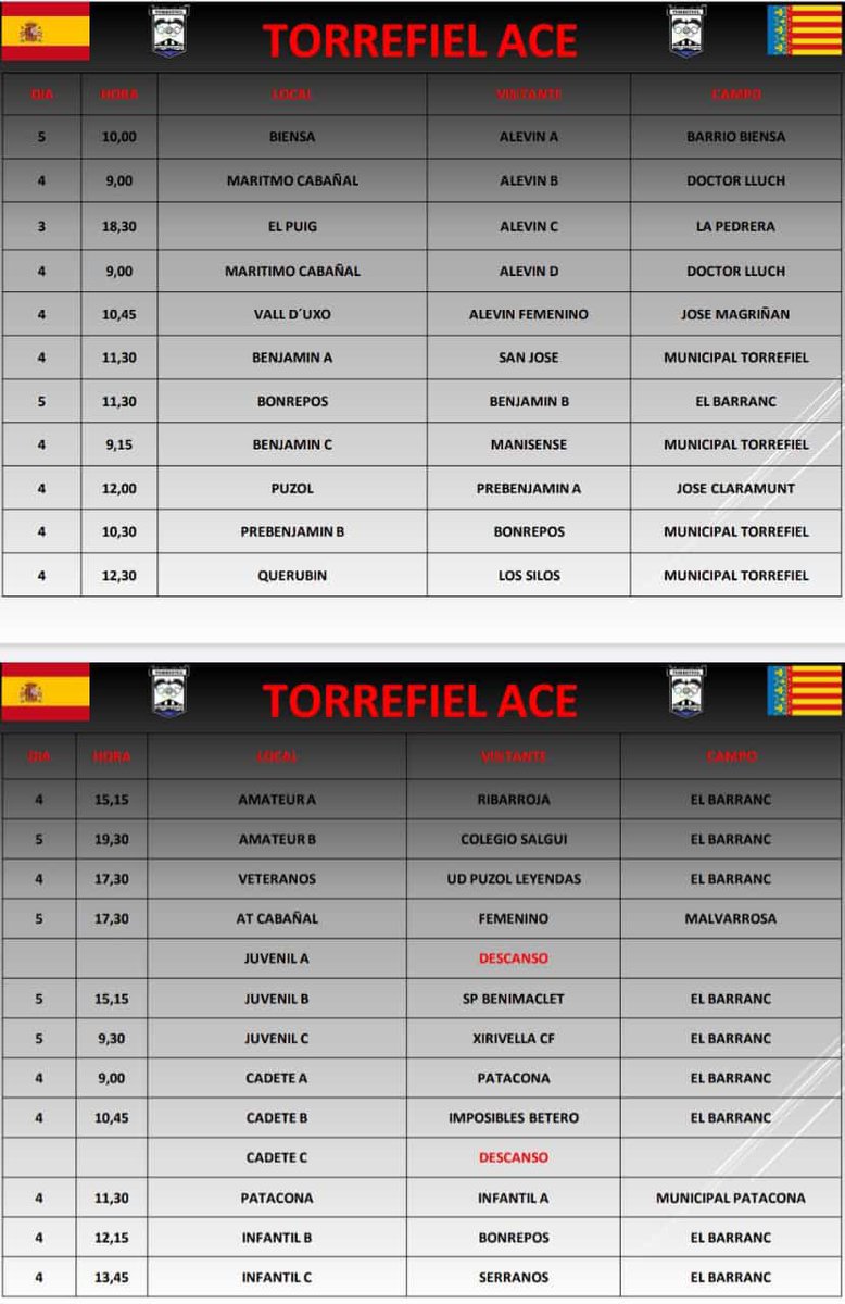 Partidos para esta semana.

Partits per aquesta setmana.

💪🏻🤍🖤🦇
#QueremosJugarEnElBarrio 
#QueremosJugarEnCasa 

Zonas deportivas a #Torrefiel 
@AjuntamentVLC @FDMValencia @mjosecatala @carlos_mazon_ @juanginerc @RocioGilUncio @CarlosMundina 
Se necesita #CampodeFutbol11Ya