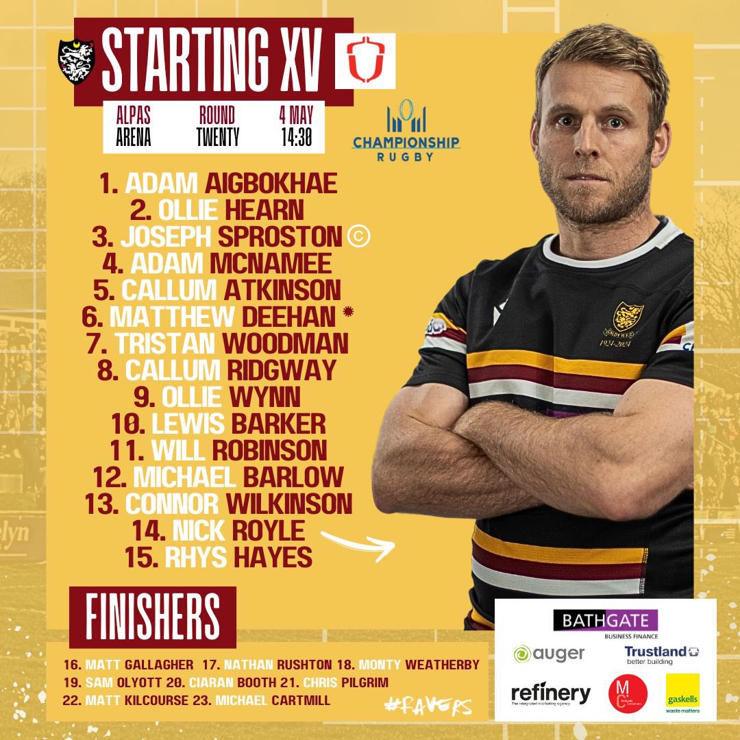 𝐓𝐞𝐚𝐦 𝐍𝐞𝐰𝐬 - 𝘠𝘰𝘶𝘳 𝘙𝘢𝘷𝘦𝘳𝘴 Our 23-man squad to take on @HartpuryRFC at Alpas Arena tomorrow in Round 20 of @Champrugby 💪🏼 Ollie Wynn makes 1st start in Ravers colours. ⭐️ Matthew Deehan makes 1st XV debut ©️ @josephsproston #Ravers