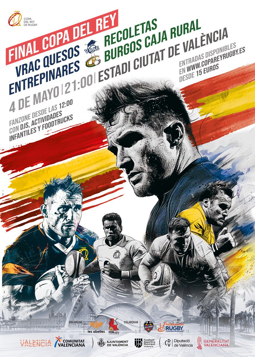 🏉 FINAL COPA DEL REY🏉

Mañana podréis ver EN DIRECTO desde Valencia la final de la Copa del Rey de Rugby entre @VRAC y @RugbyAparejos . 
A las 21:00 h en @la8valladolid
