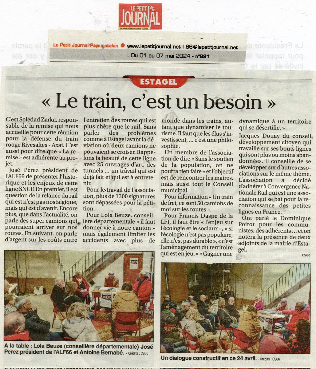 Article dans Le Petit Journal, hebdo local, relatif à la conférence de presse de l'association pour la ligne #ferroviaire #Rivesaltes #Quillan, à laquelle j'ai participé pour #LaFranceInsoumise.