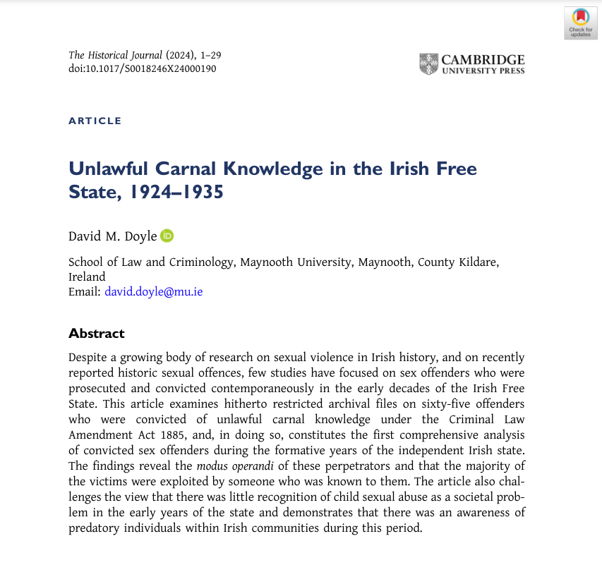 CN: child sexual abuse 📣Out now on #firstview! David M. Doyle (@MaynoothLaw) on 'Unlawful Carnal Knowledge in the Irish Free State, 1924–1935' #Crime #Sex #Law #State #Government #Violence #Offenders Archive 🇮🇪 🔓Read open access here: cambridge.org/core/journals/…