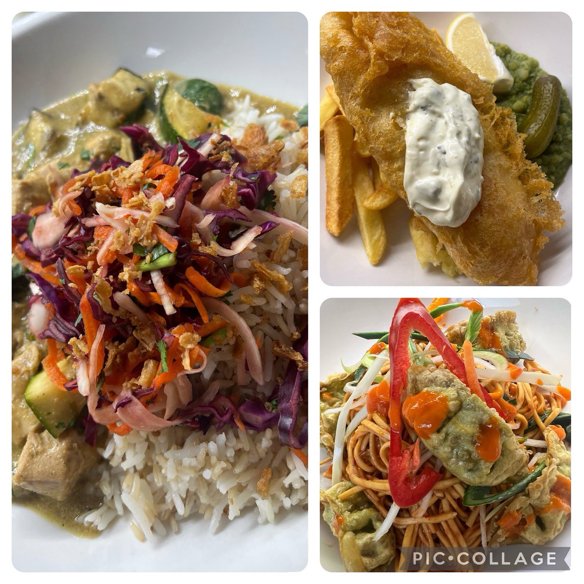 On todays menu in the EDUkitchen at St Peter’s we are serving: -Thai Green Chicken Curry with Pickled Rainbow Salad -Vegetable Gyoza Dumplings with Stir Fried Noodles -ASPH Friday Fish and Chips! @LoveBritishFood #greathospitalfood