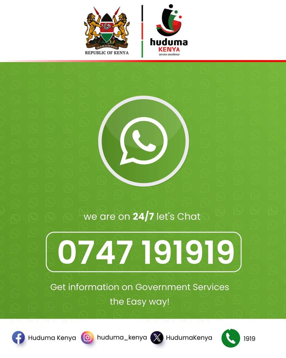 Get access to government services seamlessly through our WhatsApp number! Simply drop us a message at wa.me/254747191919 for easy assistance today!