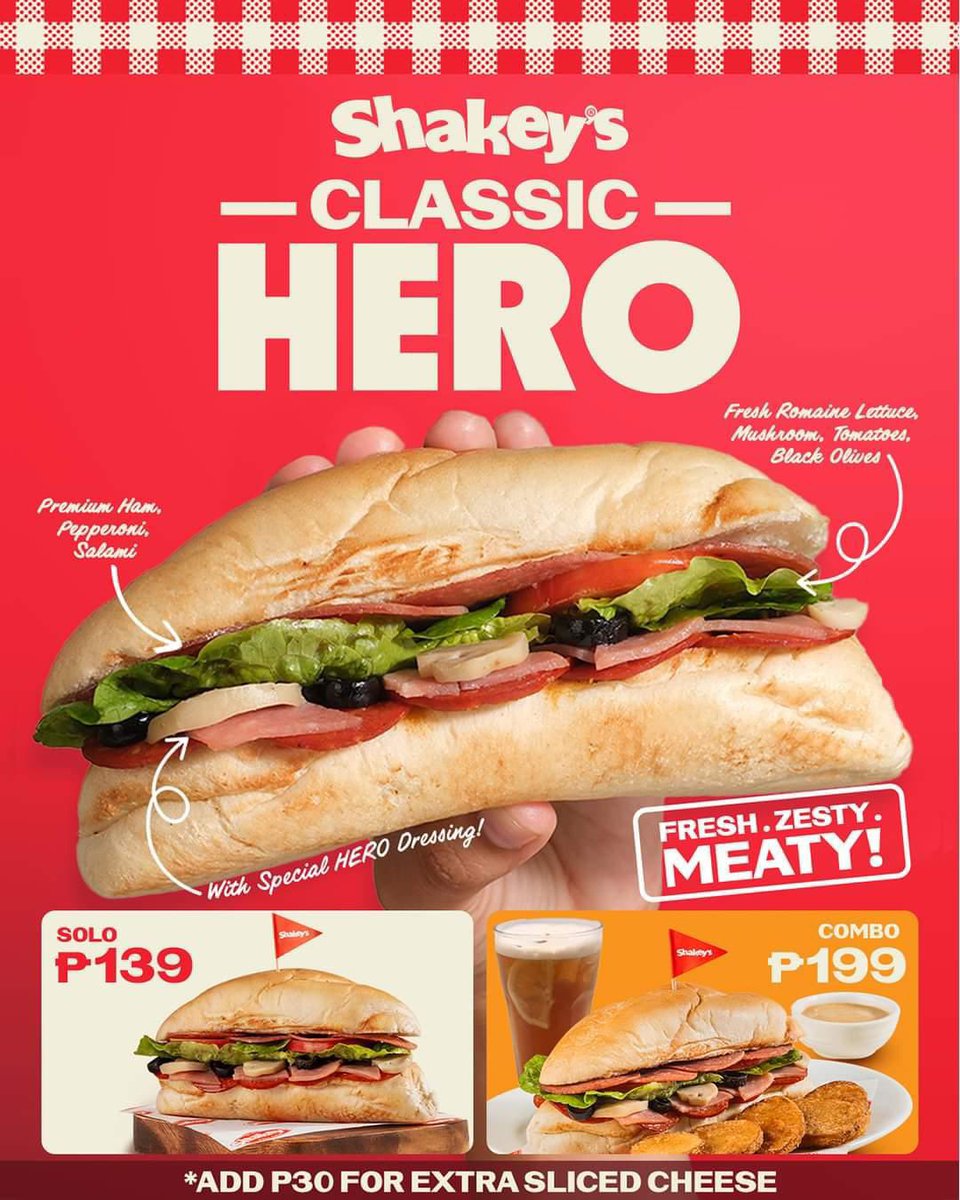 Fresh, Zesty, and MEATY - introducing Shakeys Classic Hero Sandwich! 🥪 ​

Get the Solo for only ₱139 or enjoy it with a side of Mojos and a glass of House Blend Iced Tea or Coke for only ₱199! 

Visit and order today at 2/F Market! Market! ​

#FunInTheFinds #iLoveMarketMarket