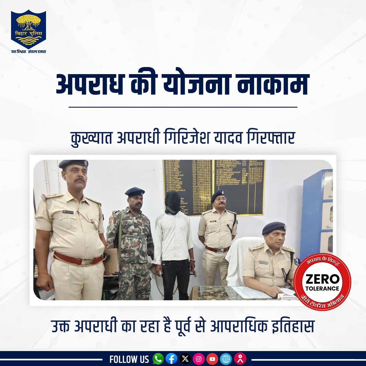 अपराध की योजना को नाकाम करते हुए #BiharPolice ने जहानाबाद जिले के टेहटा थाना क्षेत्र से जिले के टॉप-10 अपराधी भूलेटन उर्फ गिरिजेश यादव को गिरफ्तार किया। उक्त अपराधी का पूर्व से आपराधिक इतिहास रहा है।
.
.
#Bihar #HainTaiyaarHum