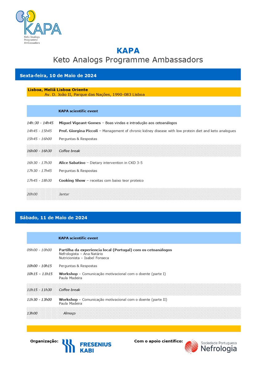 Nos dias 10 e 11 de maio, a Fresenius Kabi organiza um evento cientifico sobre terapêutica dos doentes insuficientes renais crónicos (IRC) com cetoanálogos, que terá lugar no Hotel Meliã Lisboa Oriente. Entrada gratuita. Inscrição obrigatória. sara.gomes@fresenius-kabi.com