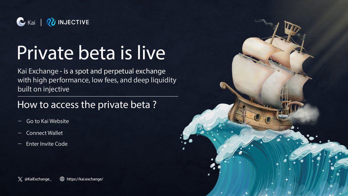 🚀Great news for spot and perp trading enthusiasts 🔥@KaiExchange_ launched Private Beta - Go to kai.exchange - Connect wallet - Enter invite code 🎓Kai is a spot and perpetual exchange with high performance, low fees, and deep liquidity built on @injective