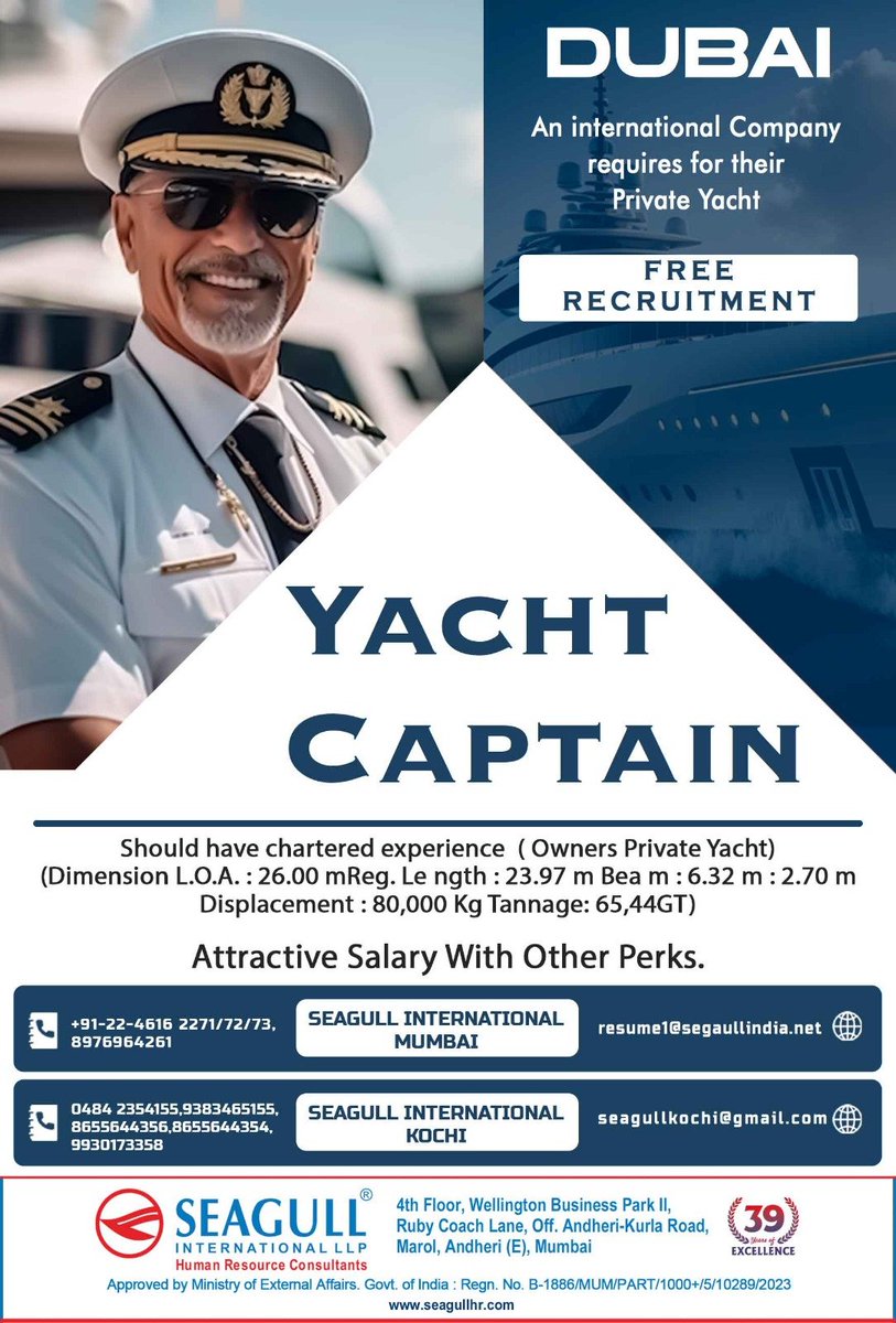 🇦🇪Dubai Jobs 
✔Free Recruitment 
📍Location- Mumbai & Kochi
.
.
.
#dubaijobs #seagull #yachtcaptain #captain