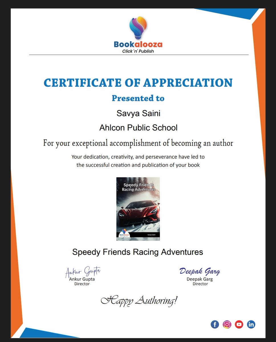 Congratulations to Savya Saini of class IX-A on publishing his debut book, 'Speedy Friends Racing Adventures'! We're so proud of your creativity, hard work, and achievement! Keep shining, young author! #StudentAuthor bookalooza.com/designer/share… @ashokkp @Ahlconpublic1 @MamthaSays