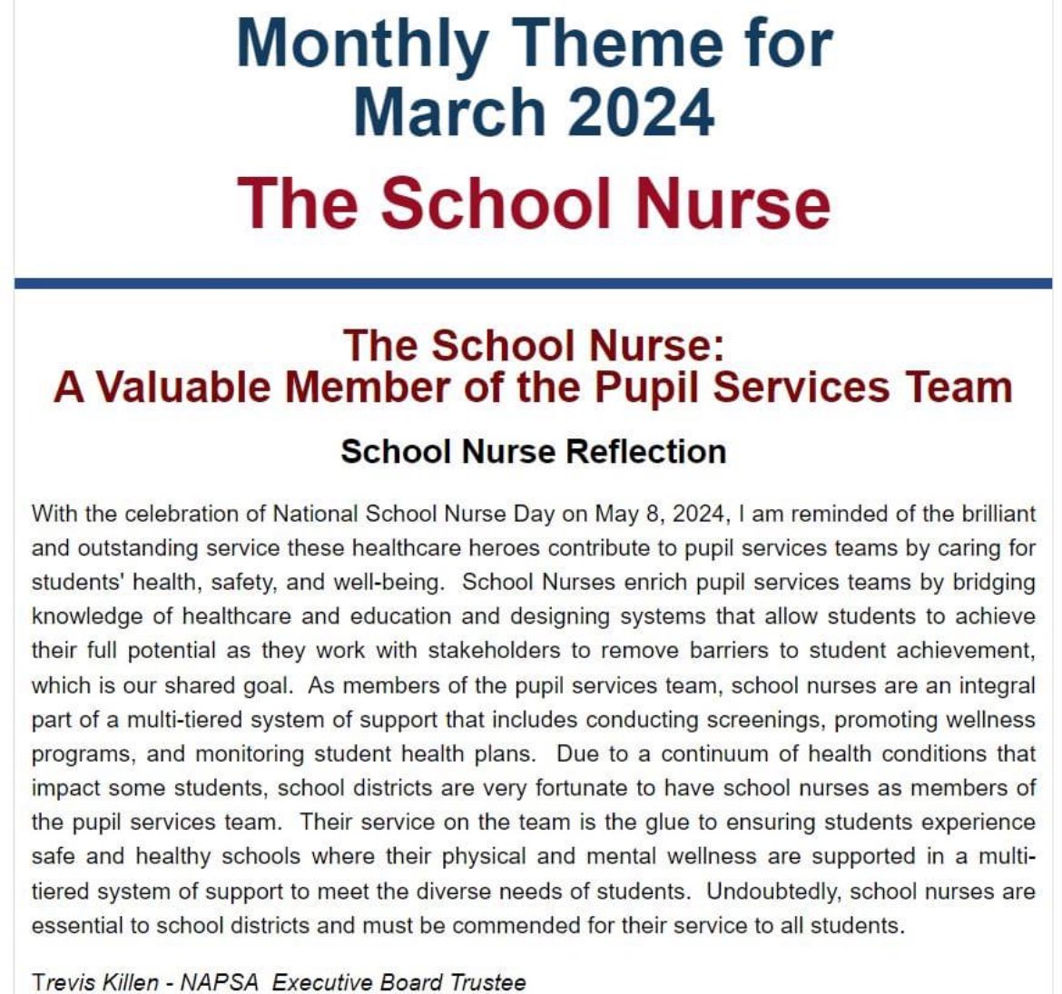 Thank you for the recognition of #SchoolNurses @TrevisKillen National Association of Pupil Services Administrators! #SND2024 #SchoolNursesDay #NursesMonth