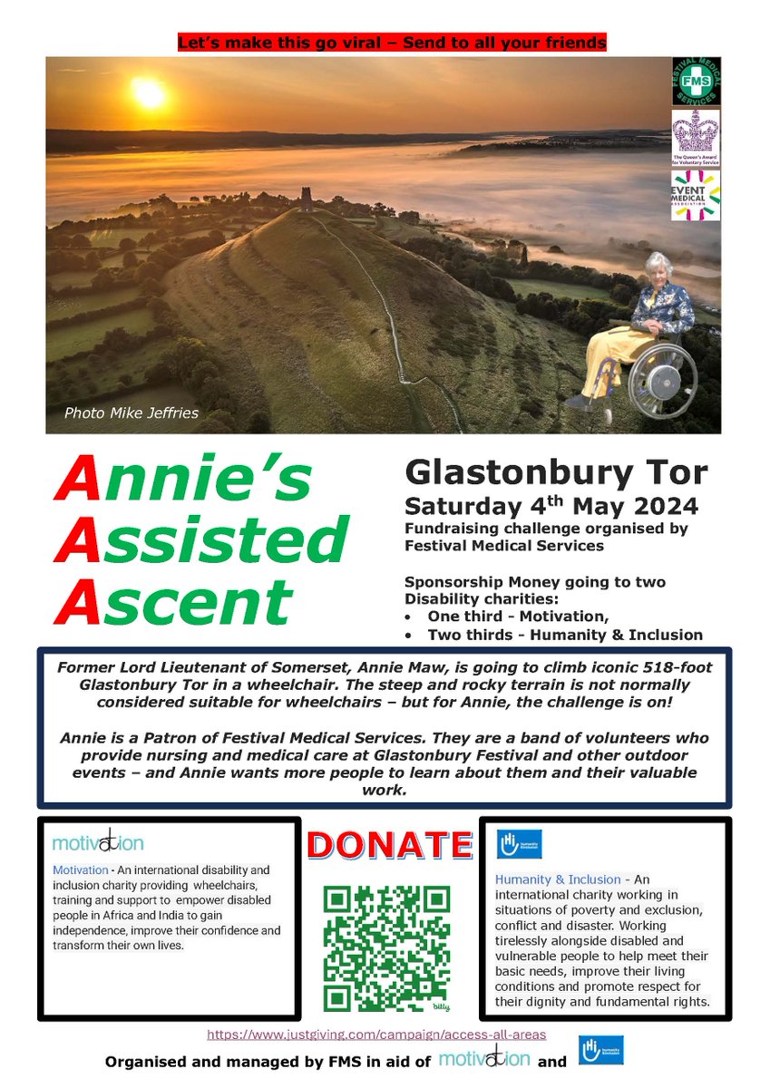 The best of luck to former Lord Lieutenant of Somerset, Annie Maw on her ascent of the iconic Glastonbury Tor on Saturday 4th May 🤞⭐ The Glastonbury Tor Assisted Ascent is in aid of 2 incredible charities. Find out more & donate here ➡️ loom.ly/XSkTf6s