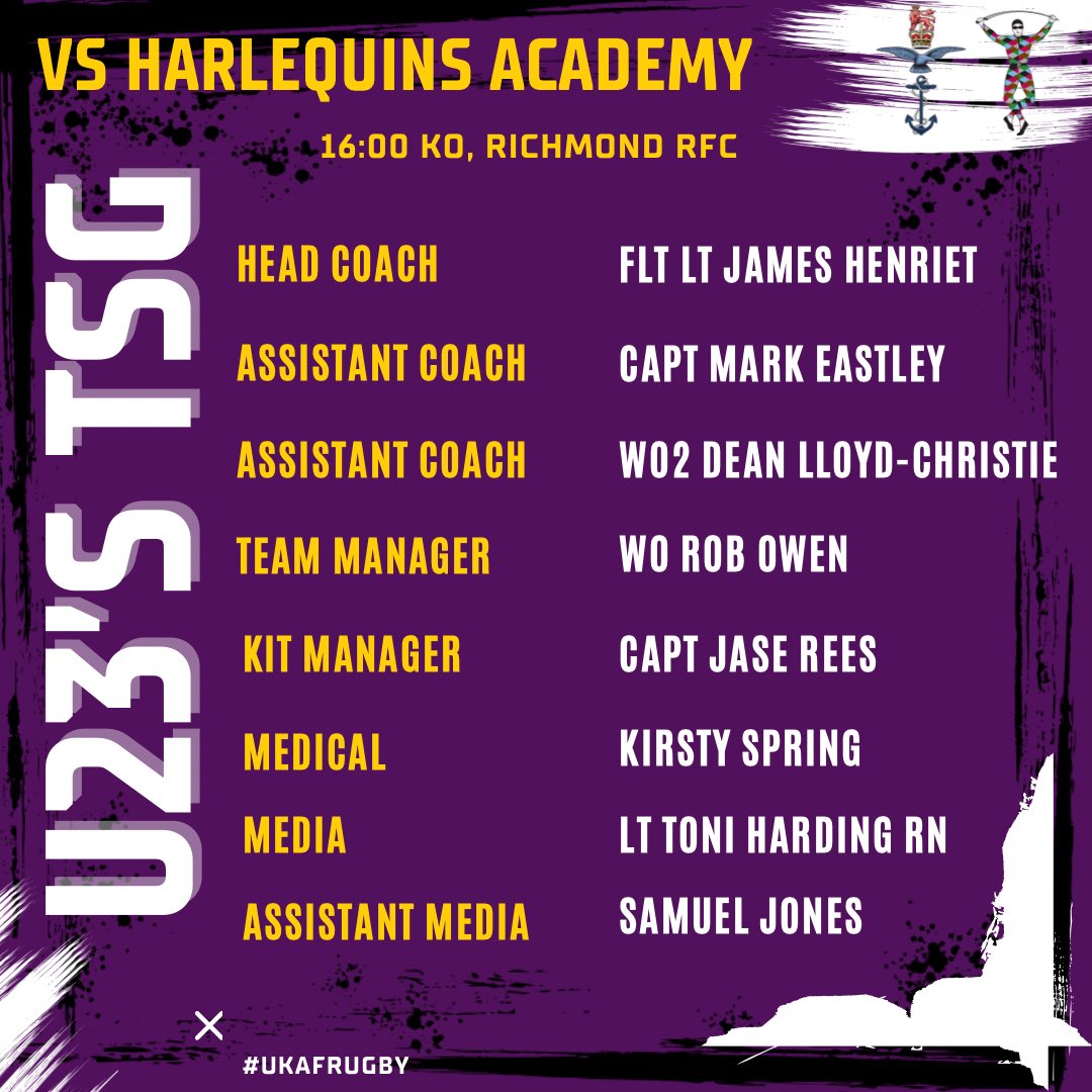 Squad Announcement 📣 Here is your U23’s squad to face a @harlequins academy side in the capital 👀 You don’t want to miss this one! @vodafonebusinessuk @forcesnews @navyrugbyunion @armyrugbyunion @rafrugbyunion @0a_solutions @delltech @ukafsport @akuma_sports