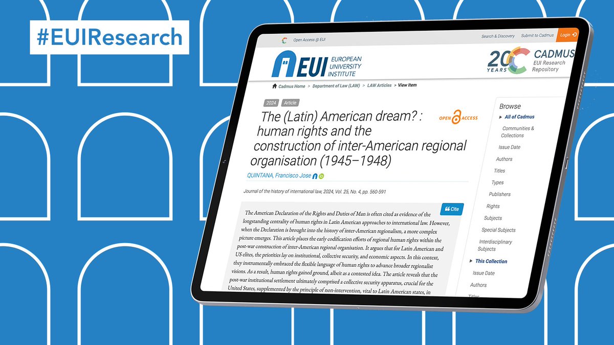 🔍 Were human rights relevant in the post-war construction of American regionalism? This paper by @quintana_fj @EUI_MWProgramme shows how they weren't central but instrumentally used to advance institutional, security & economic matters. 📄 #EUIResearch: loom.ly/o3liUL8