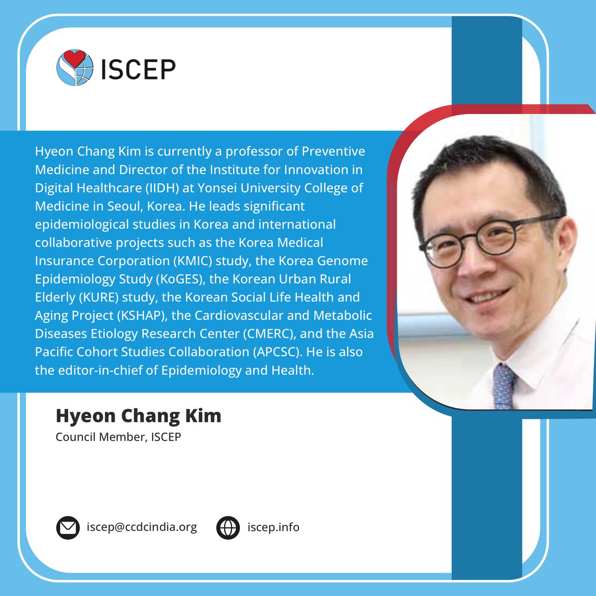 ISCEP (@iscep_info) on Twitter photo Professor <a href="/HyeonChangKim1/">Hyeon Chang Kim</a> currently serves as a council member at the #ISCEP. His research primarily focuses on the #epidemiology and #prevention of #cardiovascular disease.
For more details, visit: iscep.info
#cardiology #Research #CVD Professor <a href="/HyeonChangKim1/">Hyeon Chang Kim</a> currently serves as a council member at the #ISCEP. His research primarily focuses on the #epidemiology and #prevention of #cardiovascular disease.
For more details, visit: iscep.info
#cardiology #Research #CVD