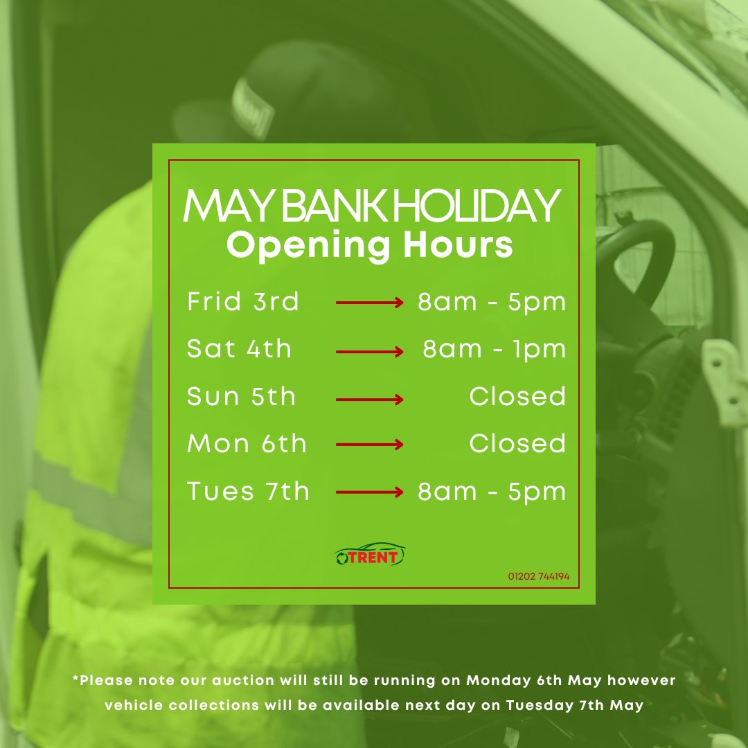 Don't Forget, we are closed this Monday Bank Holiday! 🕶️ 

*Please note our auction is still running on Monday 6th May however vehicle collections will be available Tuesday 7th May

#bankholiday #trents #openinghours #vehicledismantlers #charlestrent